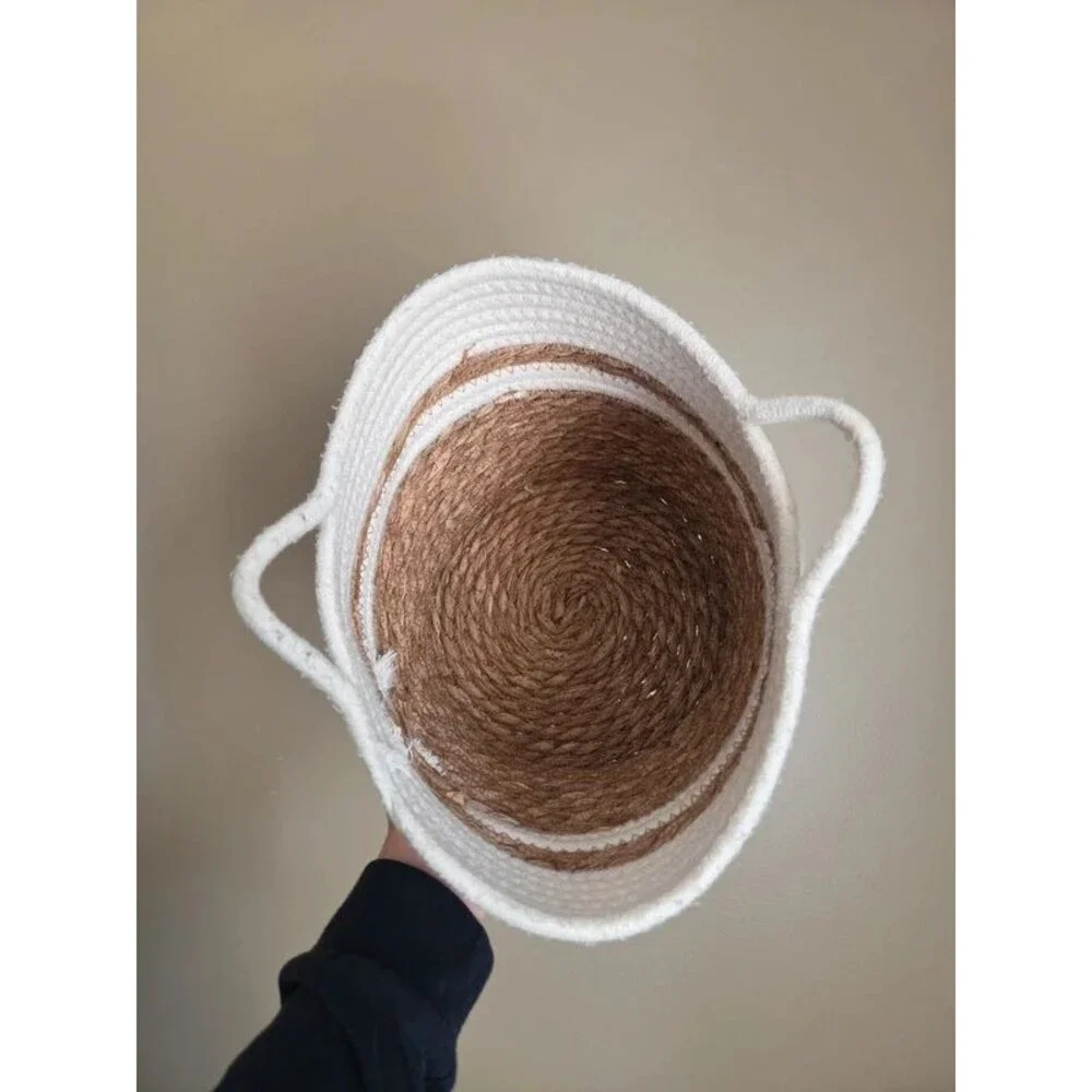 Round wooden basket tan white